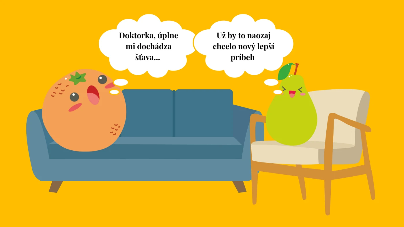 Ilustrace: pomeranč leží na gauči u psycholožky hrušky a stěžuje si, že mu dochází šťáva.